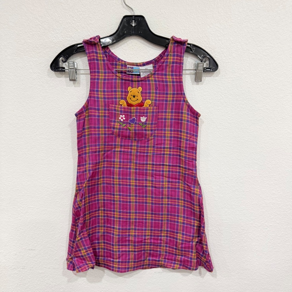 Vintage Disney Winnie the Pooh Plaid Jumper Dress Pink Purple Girls Size 6X